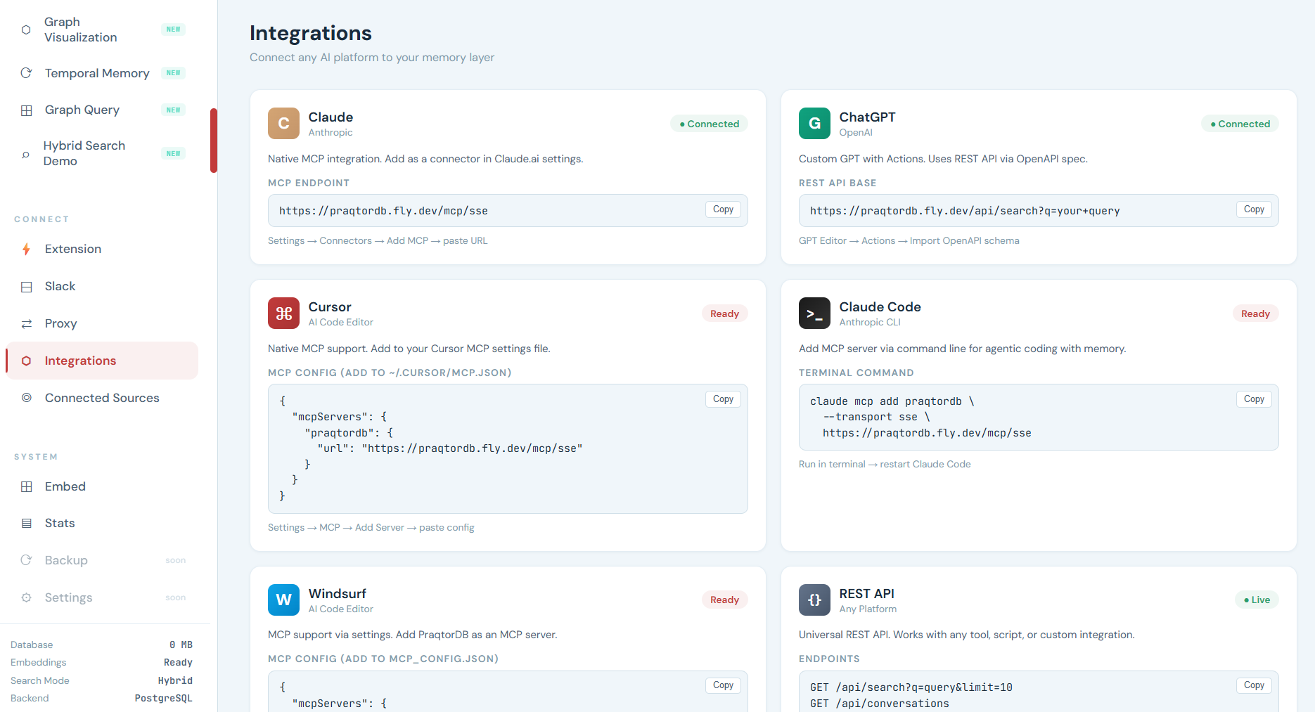 PraqtorDB Integrations — MCP for Claude, ChatGPT, Cursor, Claude Code
